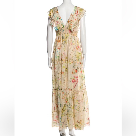 Hemanta & Nandita Floral and Butterfly Print Long Cream Dress - Picture 3 of 4